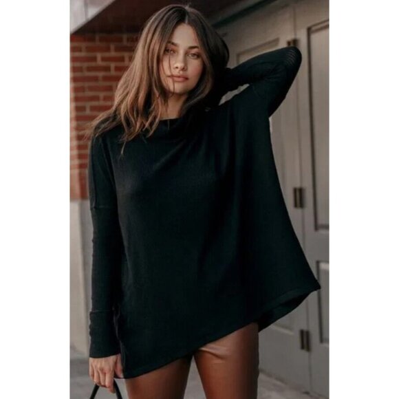 Free People Black Open Back Juicy Long Sleeve Thermal Cowl Neck Top Medium New - Picture 3 of 13